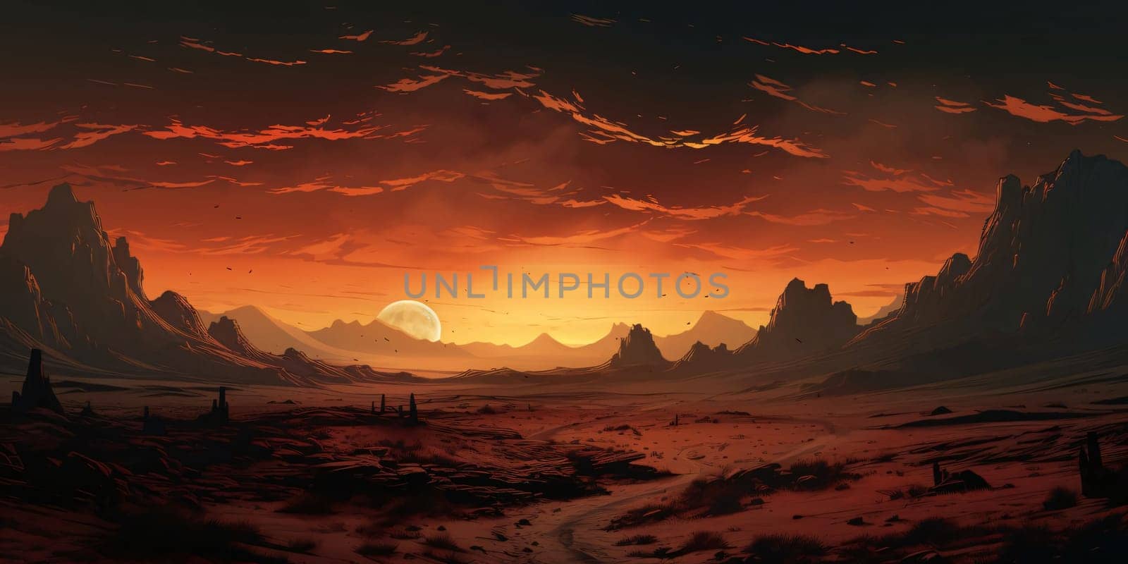 Banner: Fantasy alien planet. Mountain and sunset. 3D illustration.