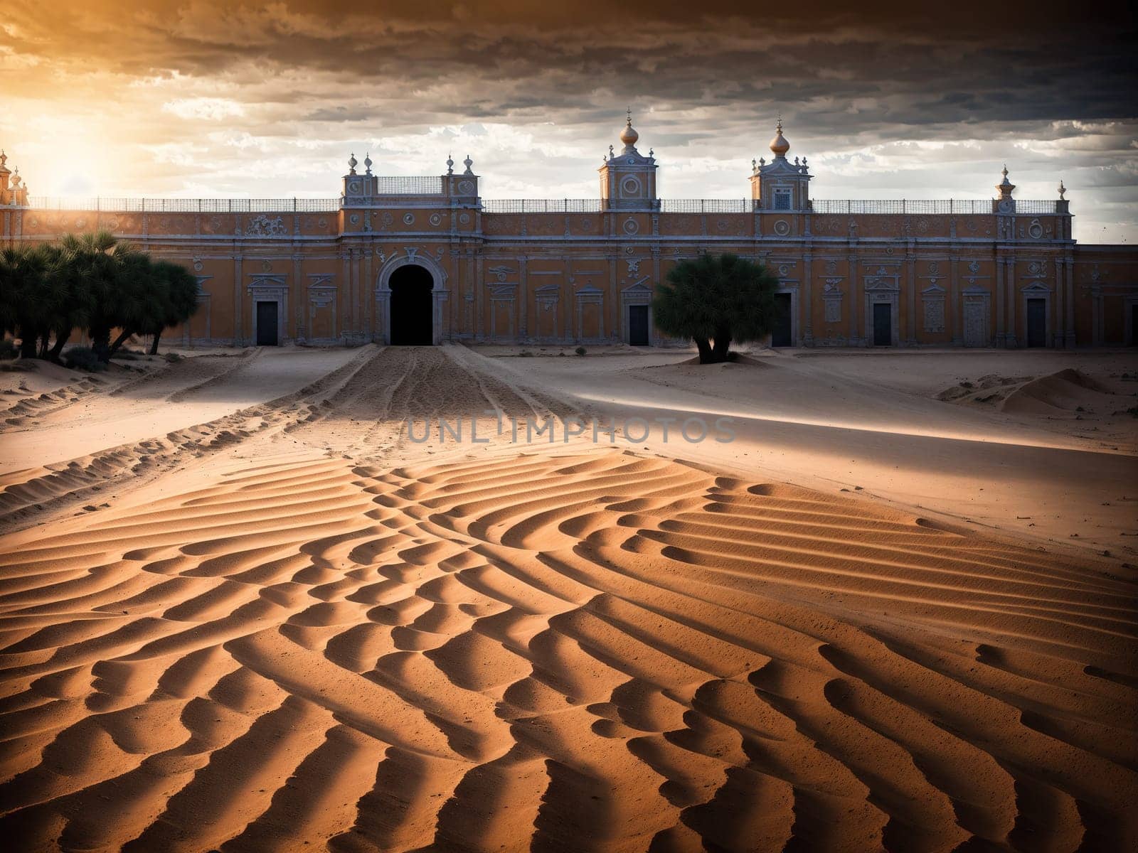 The image is a desert landscape with a large, sandy dune in the foreground and a palace or building in the background, surrounded by palm trees.