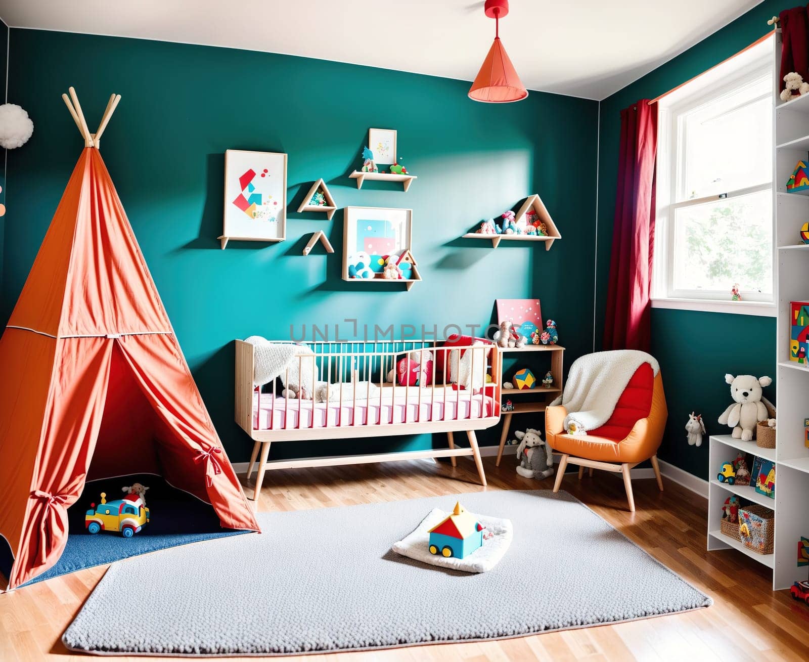 The image is a childs bedroom with a pink and green color scheme, a teepee in the corner, and various toys and decorations scattered around the room.