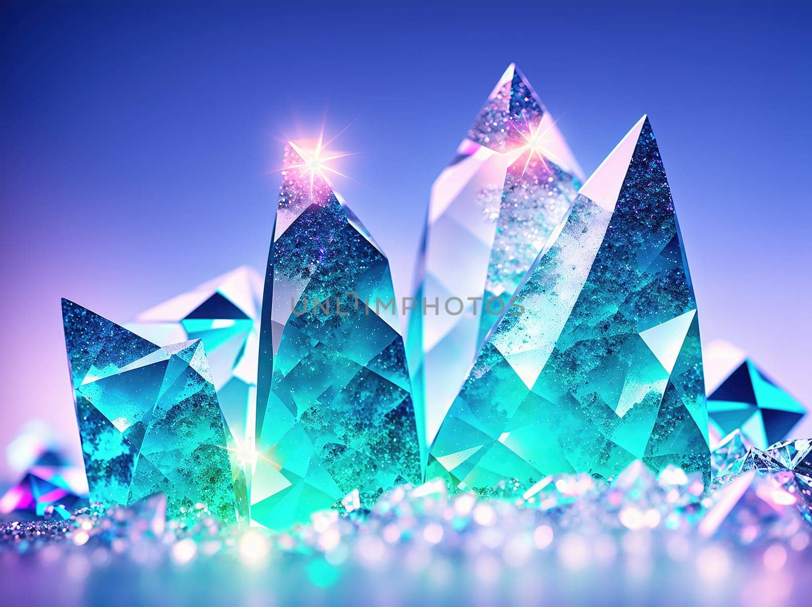 The image is a beautiful, shimmering crystal landscape with glowing stars in the sky.