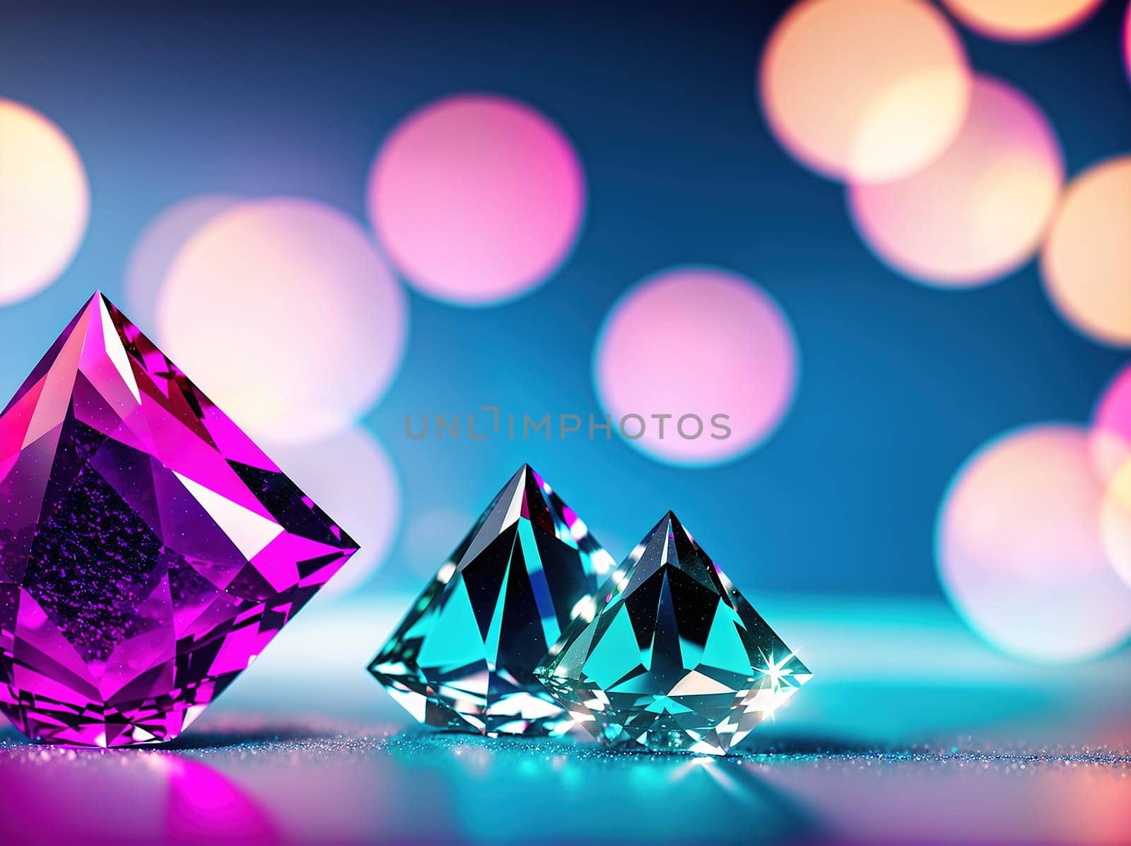 The image is a 3D rendering of a pink diamond on a white background with a blurred background.