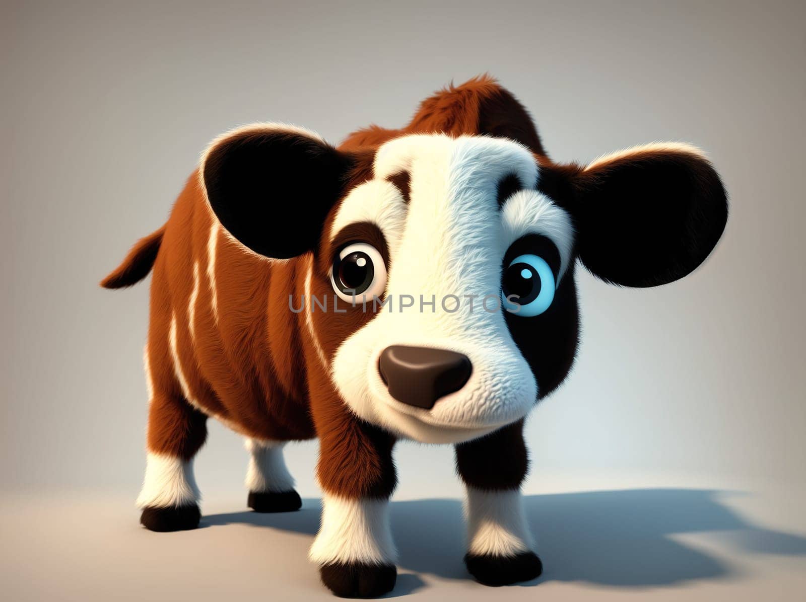 The image is a cartoon image of a brown and white cow standing on its hind legs, looking up at the camera with big brown eyes.