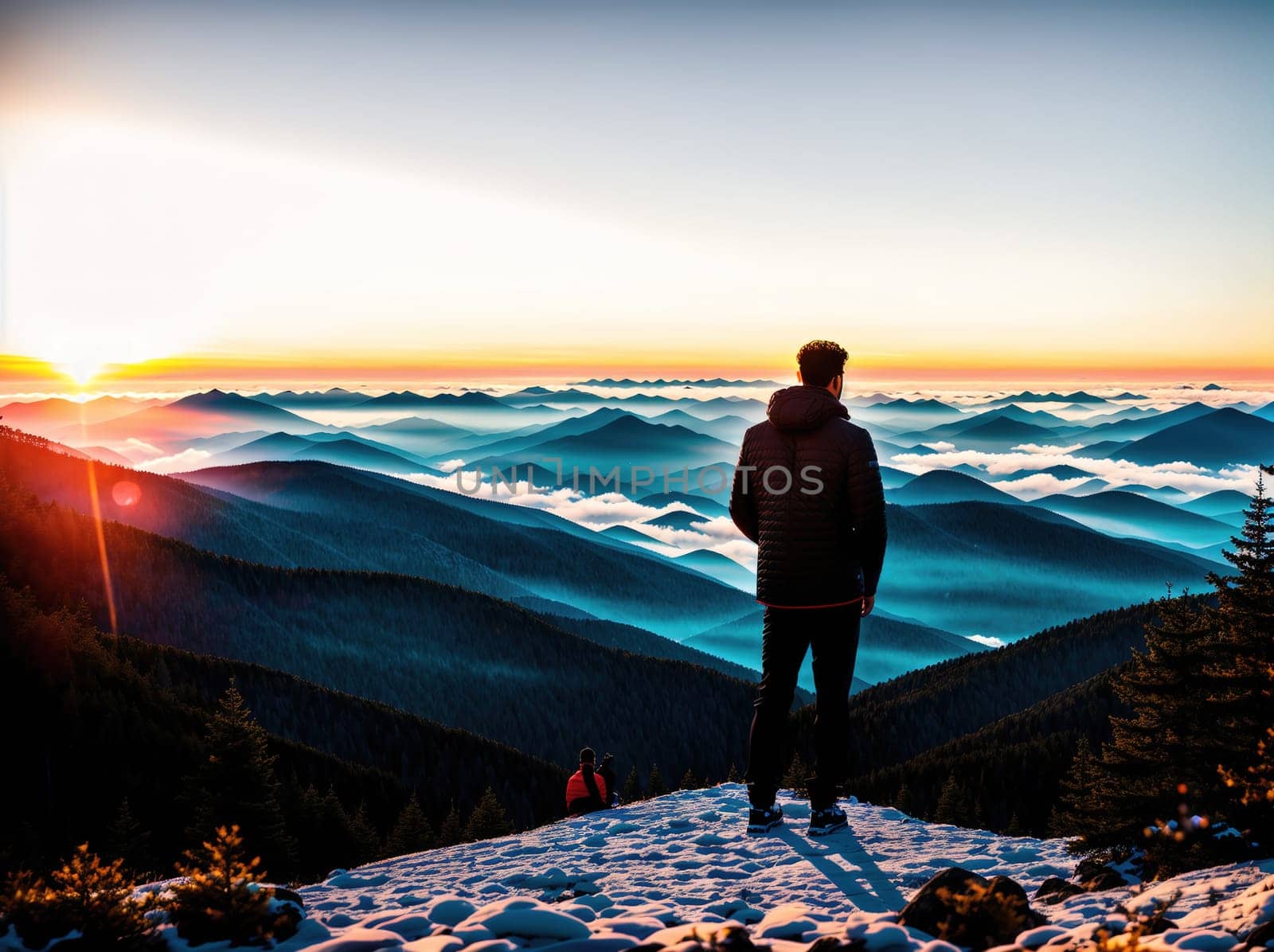 The image shows a person standing on a mountain summit at sunset, looking out over the mountains and valleys below.