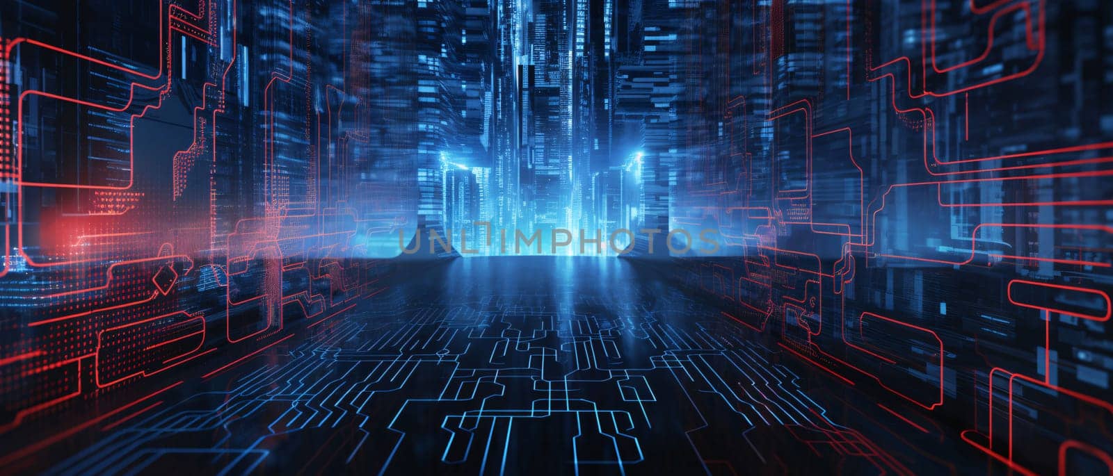 Digital cyberspace background with futuristic user interface. 3D rendering by ThemesS