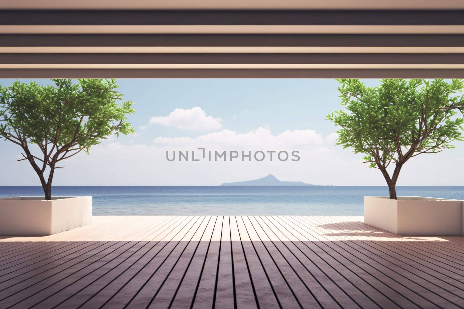 Banner: Wooden terrace with sea view. 3d rendering mock up