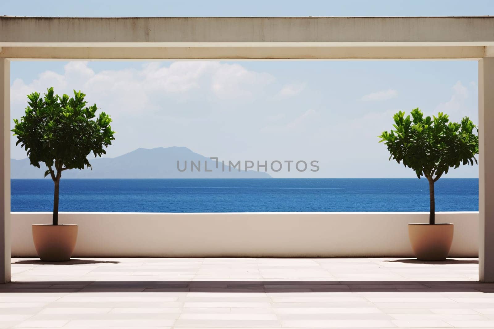 Balcony with sea view and green trees. 3d rendering by ThemesS