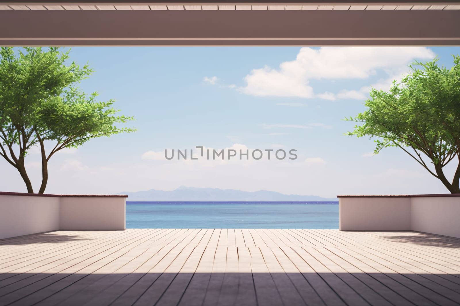 Balcony overlooking the sea and mountains. 3D Rendering by ThemesS