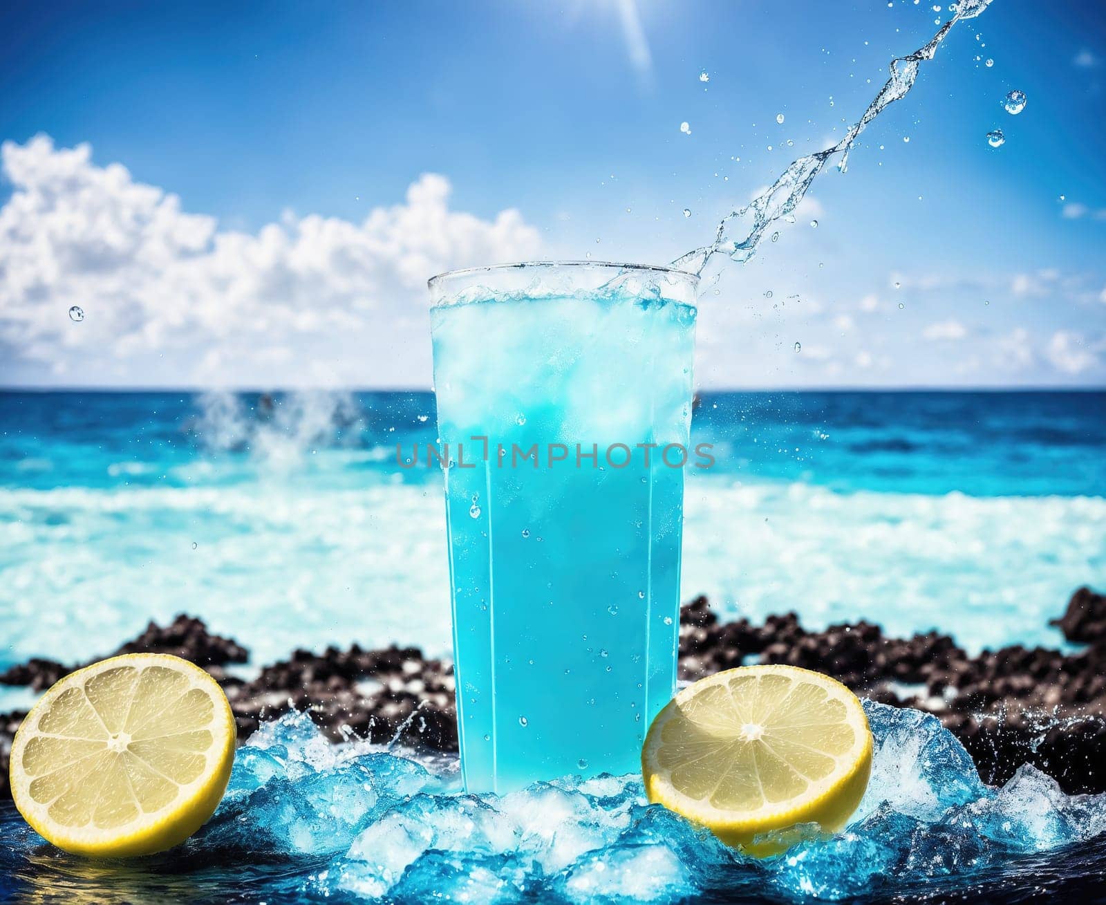 The image shows a glass of blue liquid with lemon slices on the side, sitting on a rocky beach with clear blue water in the background.