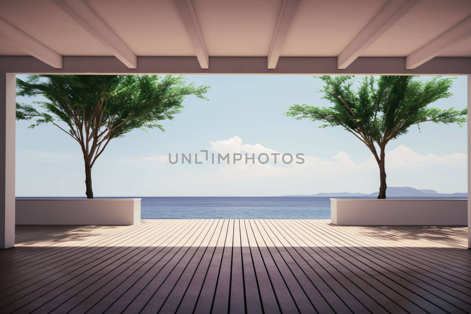 Sea view from the terrace of a modern house. 3d rendering by ThemesS