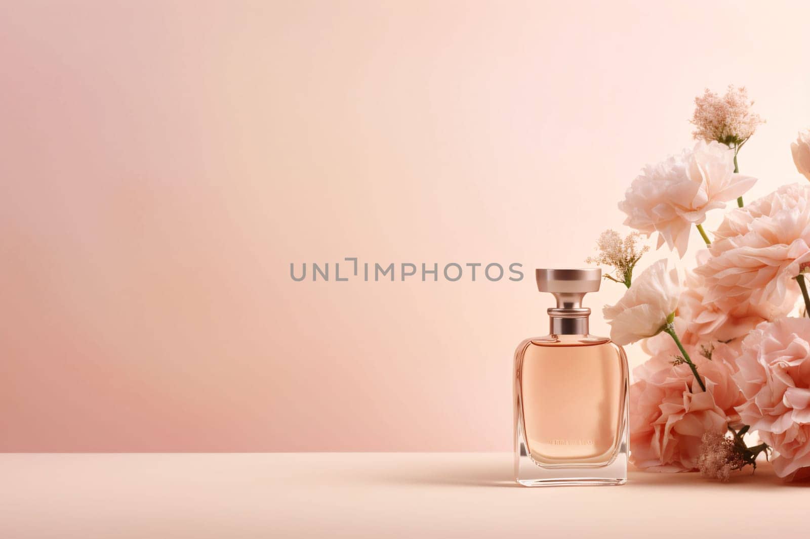 Perfume bottle and flowers on pink background with copy space. by ThemesS