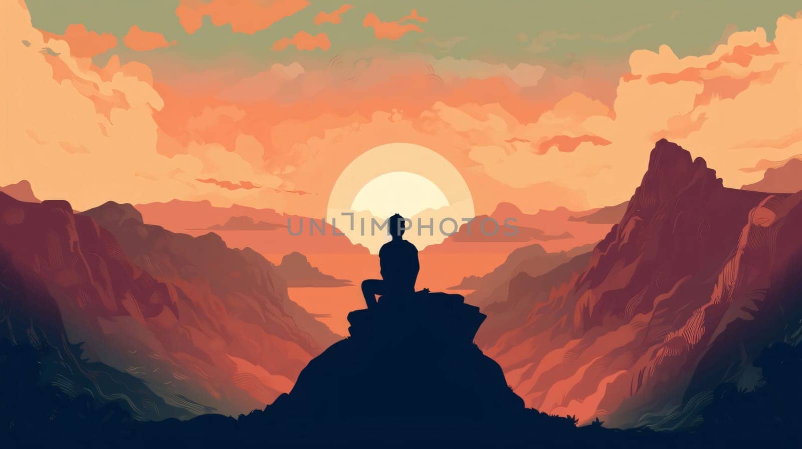 Vector illustration of a man meditating on a mountain top at sunset by ThemesS