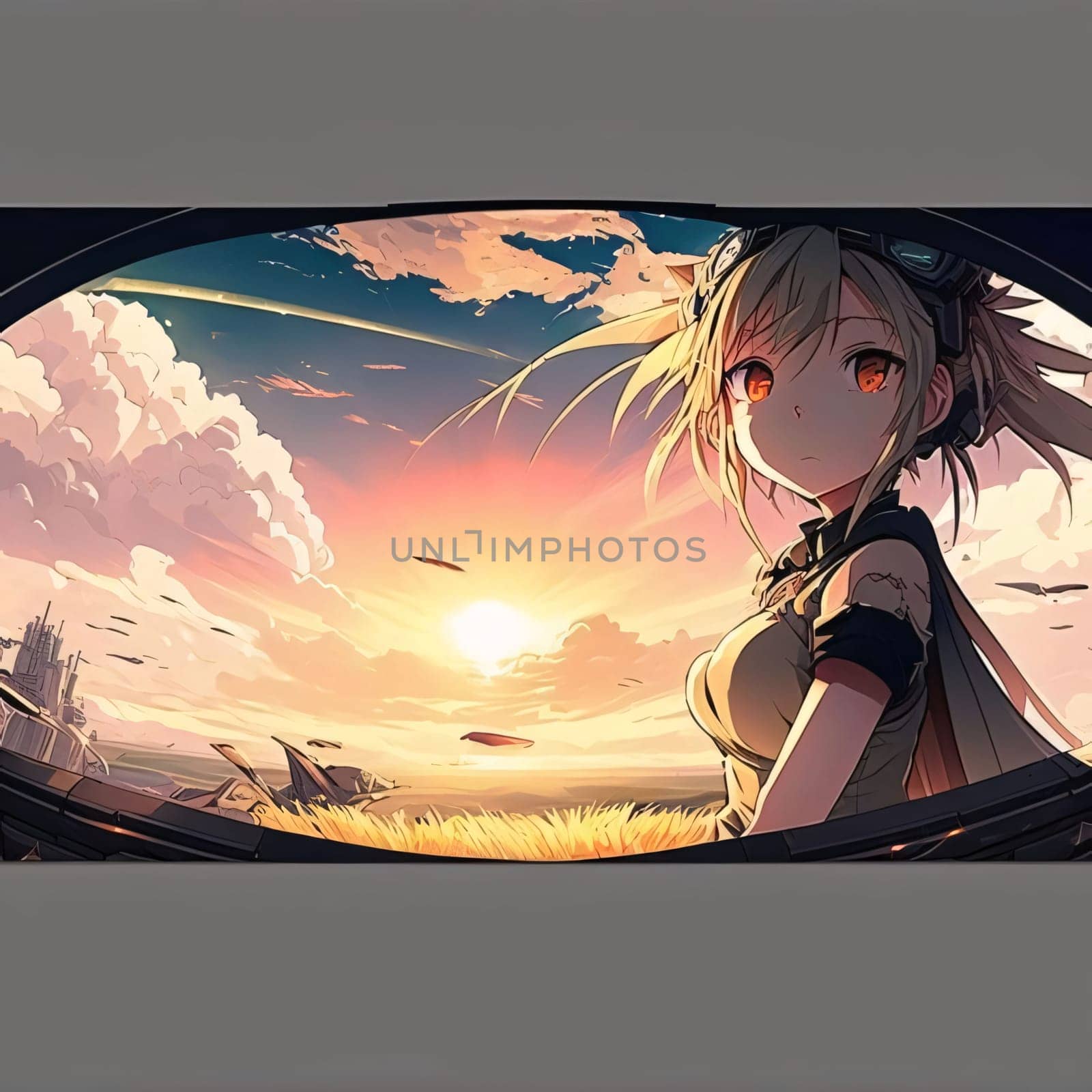 Banner: Fantasy scene with a girl driving a car through the field at sunset