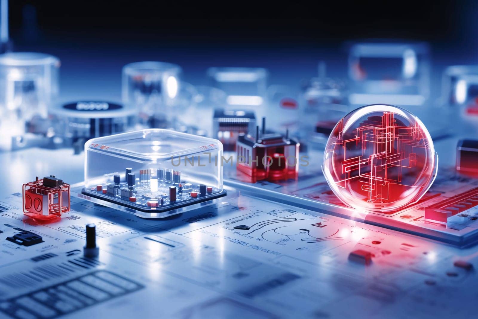 Banner: 3D rendering of a technological background with a lot of electronic components