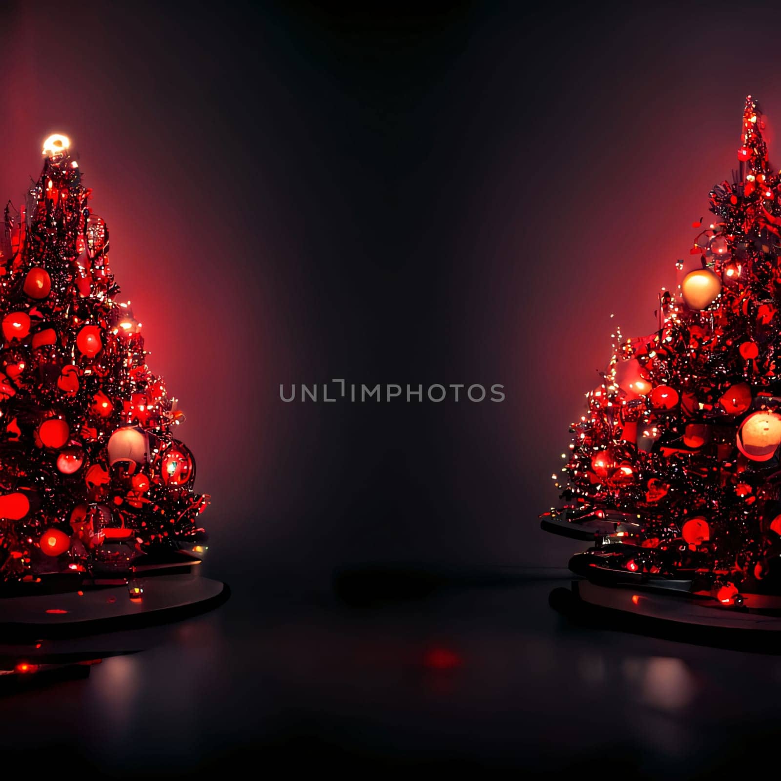 Banner: Christmas tree with red baubles on a black background. 3d rendering