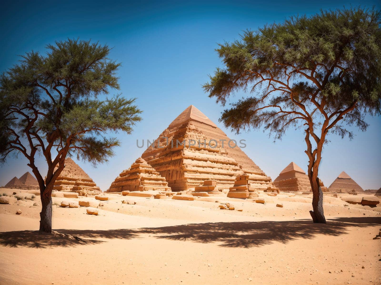 The image shows a desert landscape with a large pyramid in the background, surrounded by trees and sand.