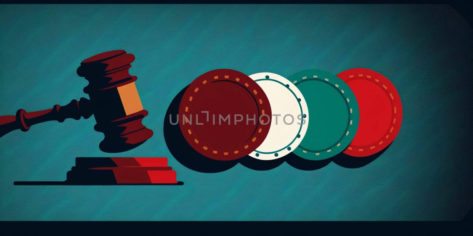 Illustration of a dark background with casino chips and a gavel by ThemesS