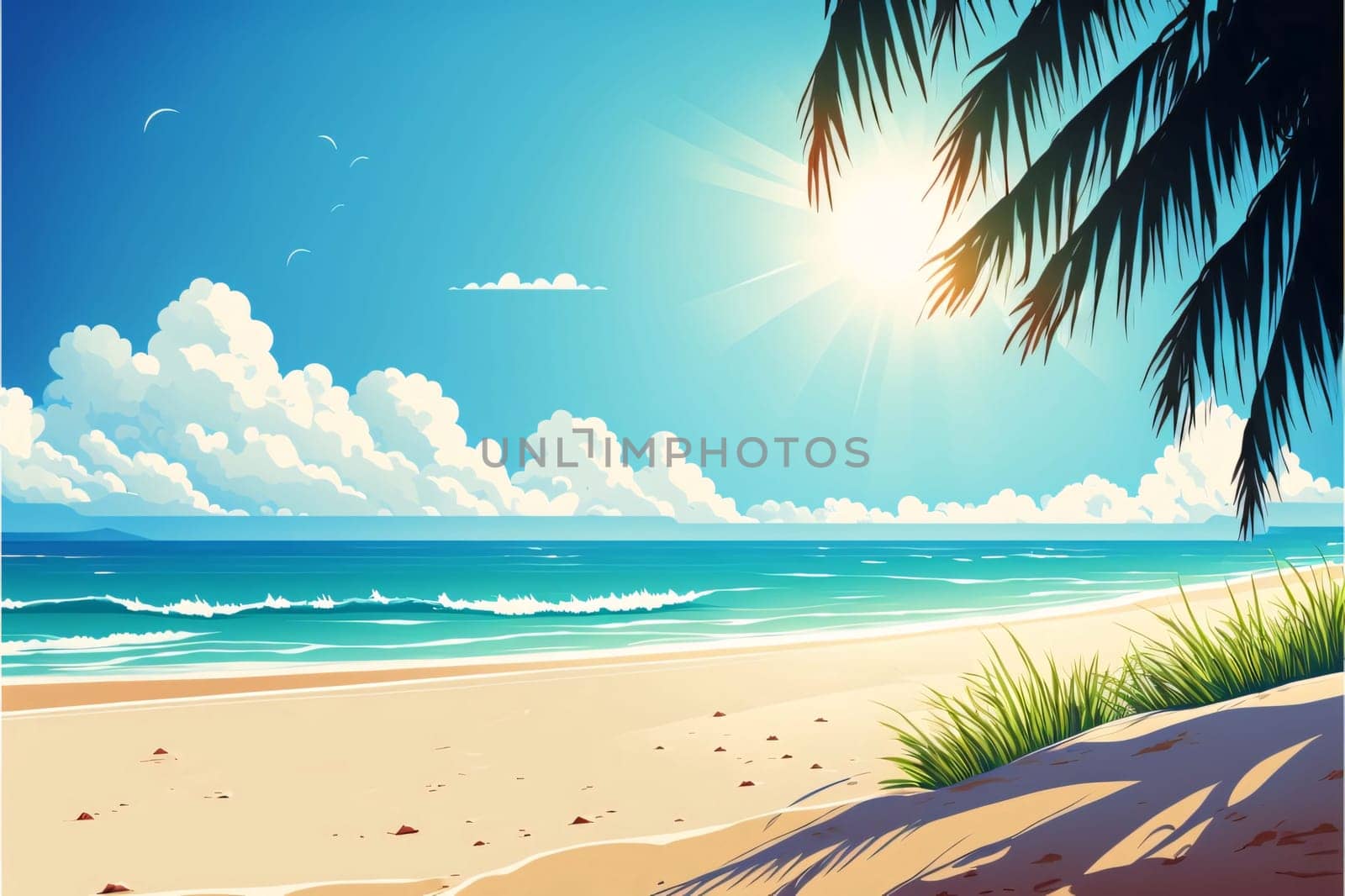 Banner: Vector illustration of a tropical beach with palm tree and sand, sun and sea