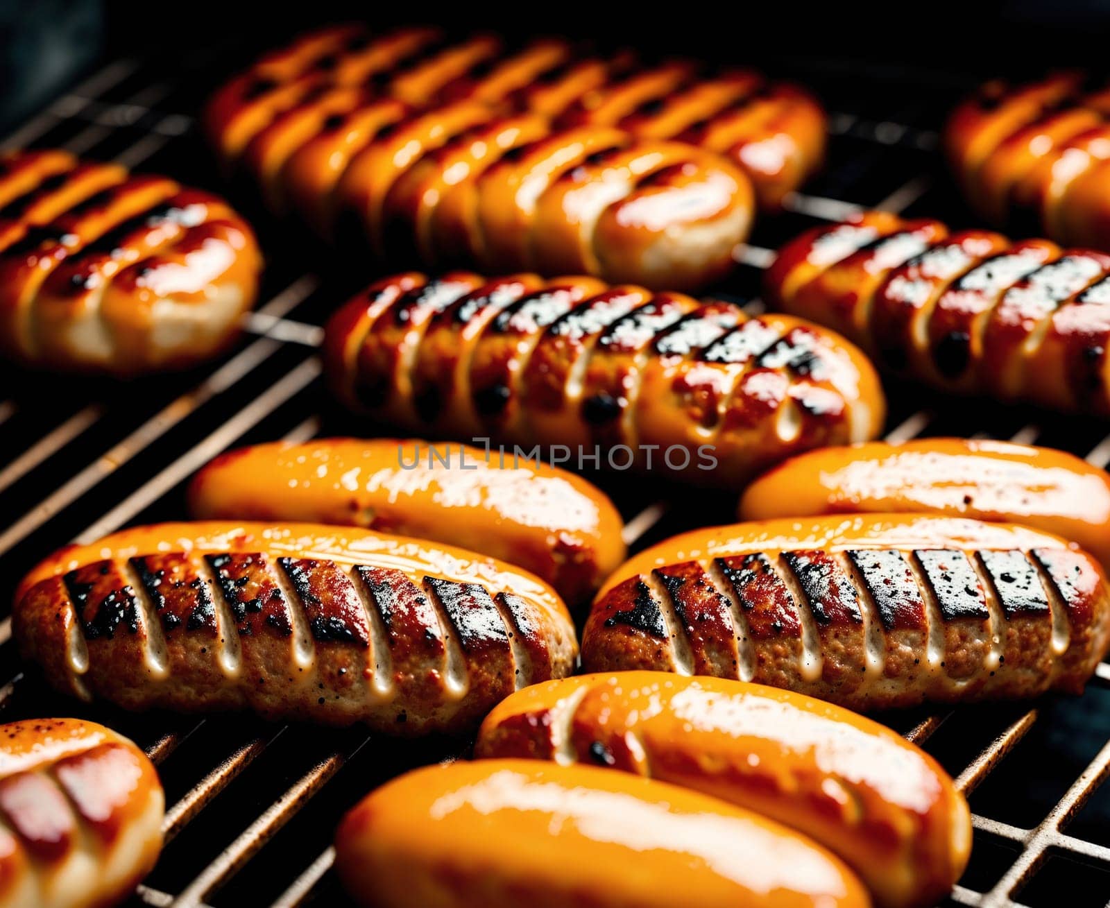 The image shows a grill with several sausages cooking on it.