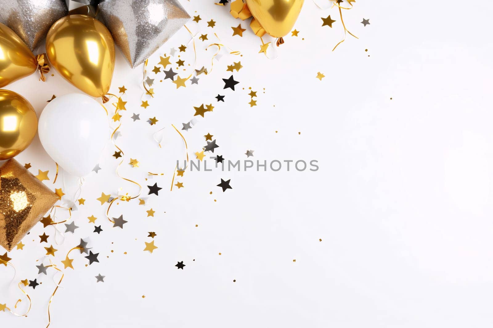 Festive background with golden and silver balloons and confetti on white by ThemesS