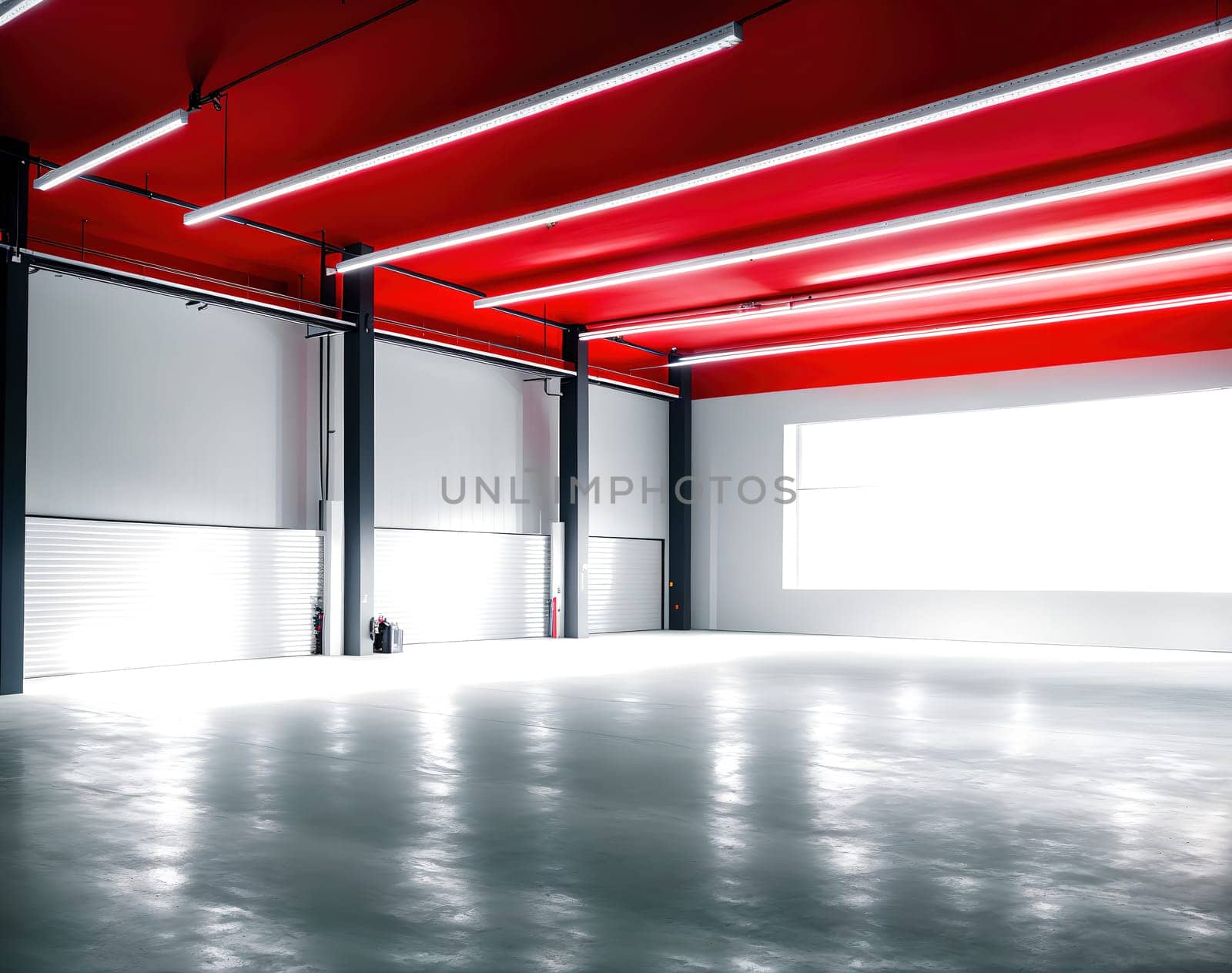 The image shows a large, empty warehouse with red ceiling beams and white walls.