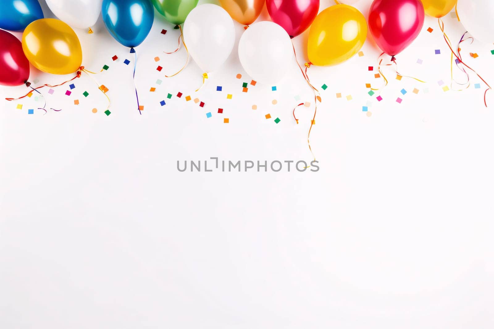 Colorful balloons with confetti and streamers on white background. by ThemesS