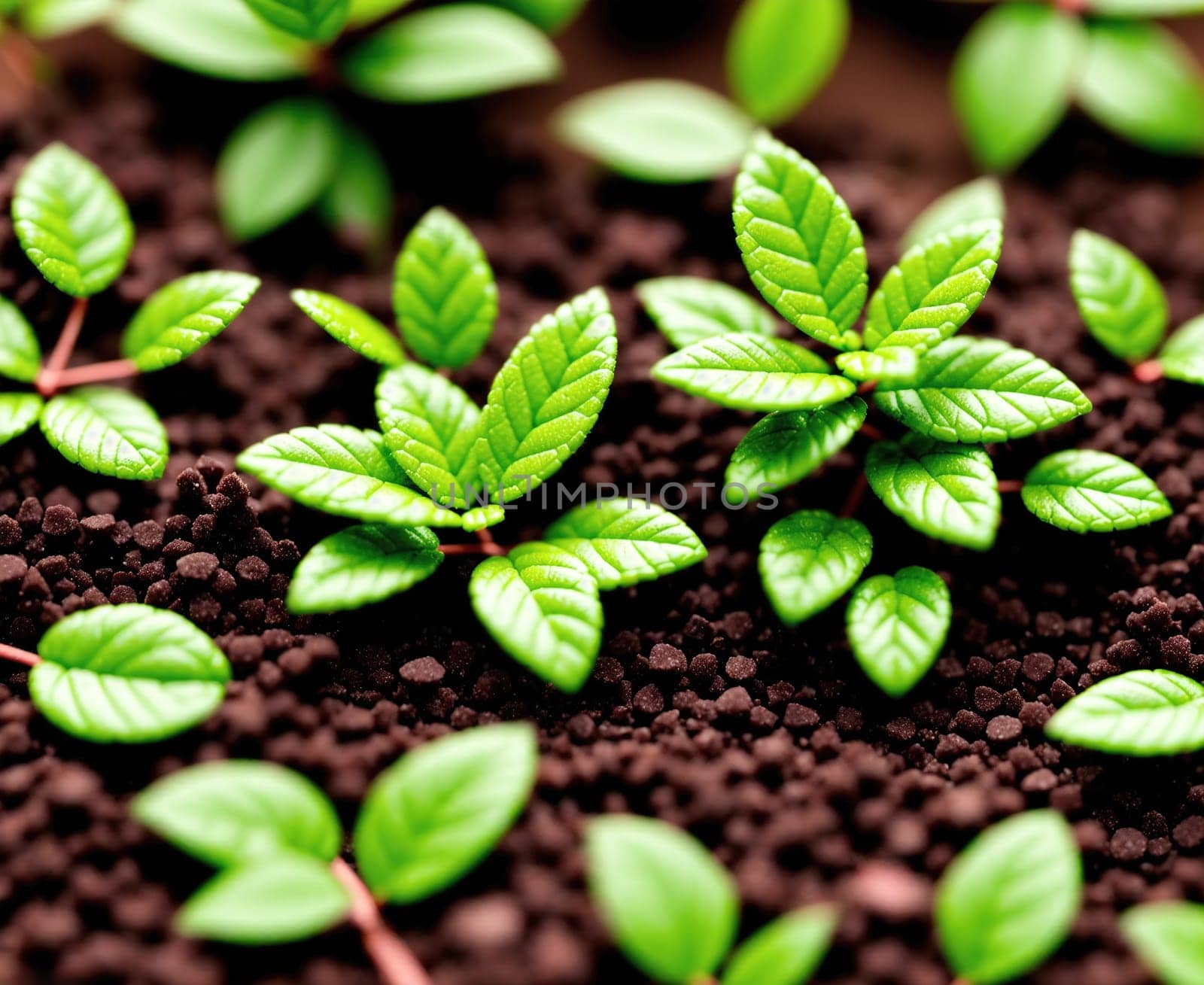 The image shows a group of small green plants growing in a dirt field.