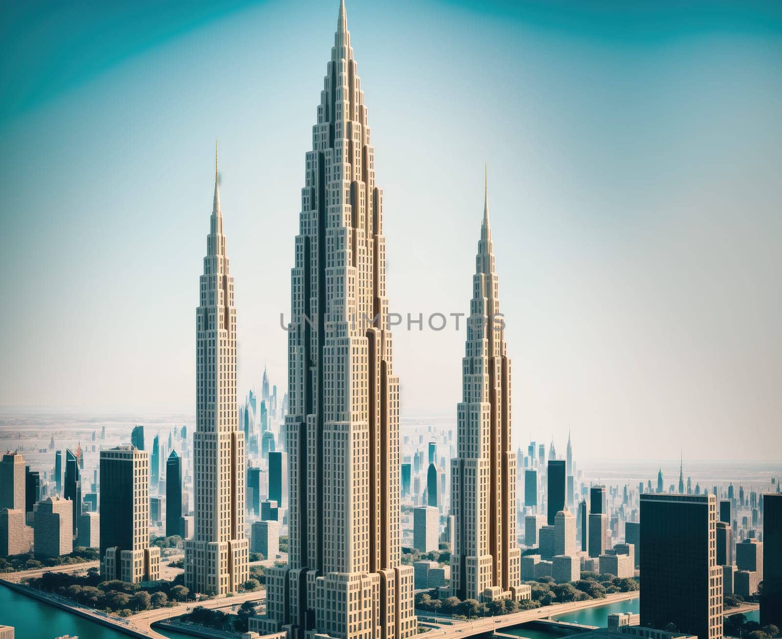 The image is a 3D rendering of a city skyline with tall skyscrapers and modern architecture.