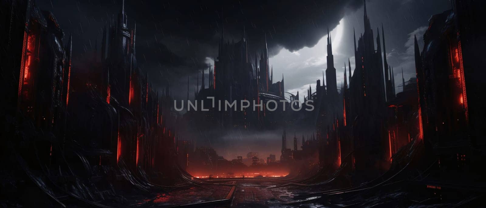 Fantasy landscape with an abandoned city at night. 3d rendering by ThemesS
