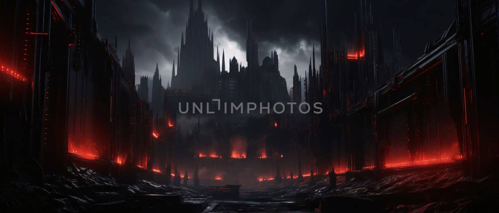Banner: Futuristic city with fire and smoke. 3D rendering.