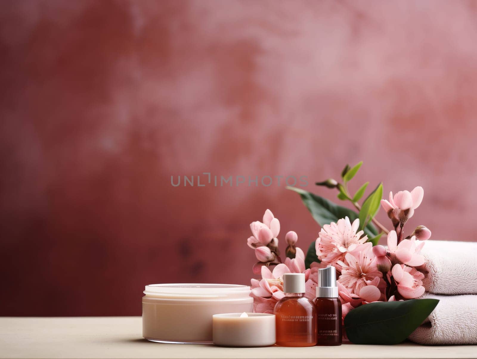 Spa still life with pink flowers and cosmetic products on wooden table by ThemesS