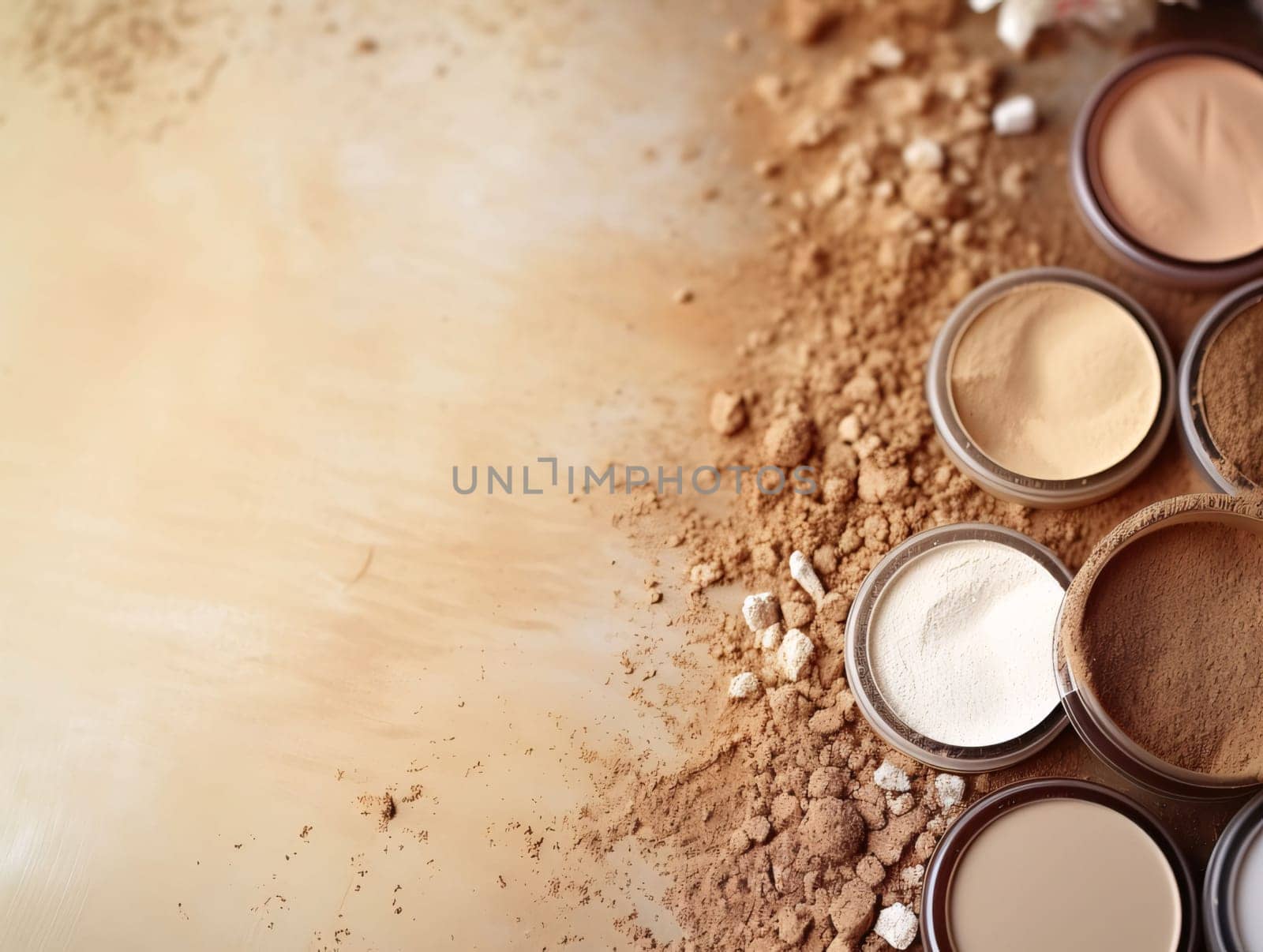 Set of cosmetic powder on table, top view. Space for text by ThemesS