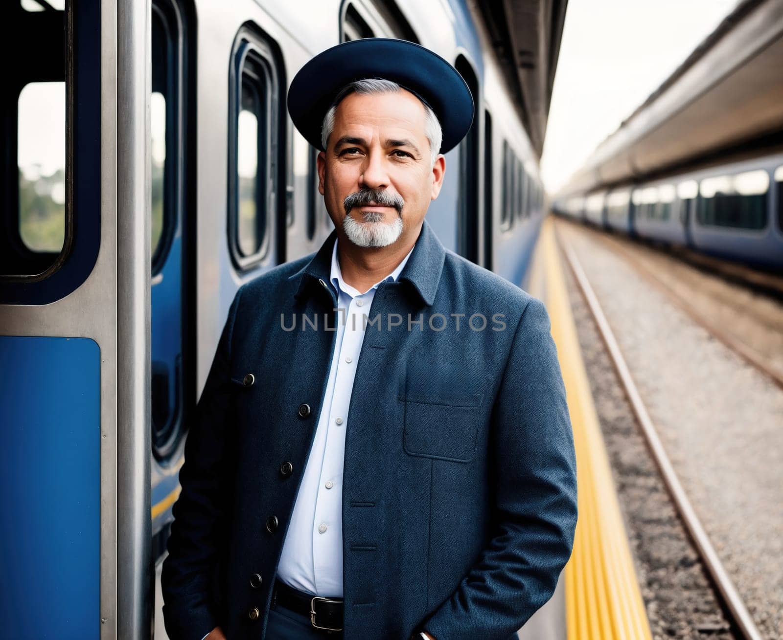 The image shows a man standing on the platform of a train station, wearing a blue jacket and white shirt, looking out at the tracks.