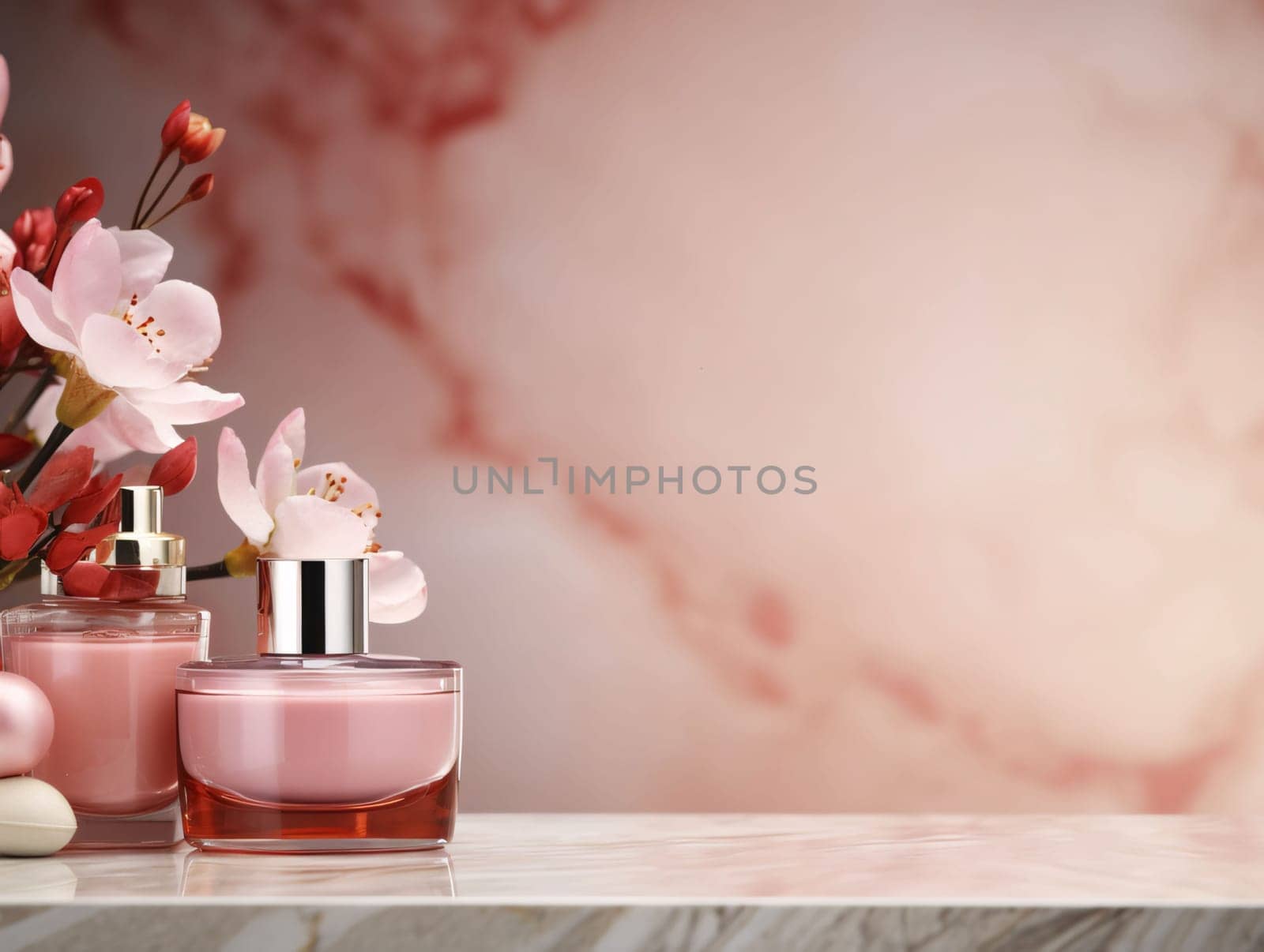 Banner: Cosmetic bottle containers with flowersle table. 3d rendering