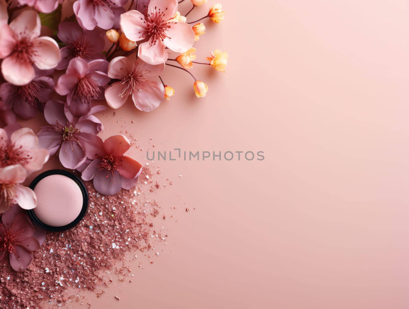 Beautiful pink sakura flowers and cosmetics on pink background, flat lay by ThemesS