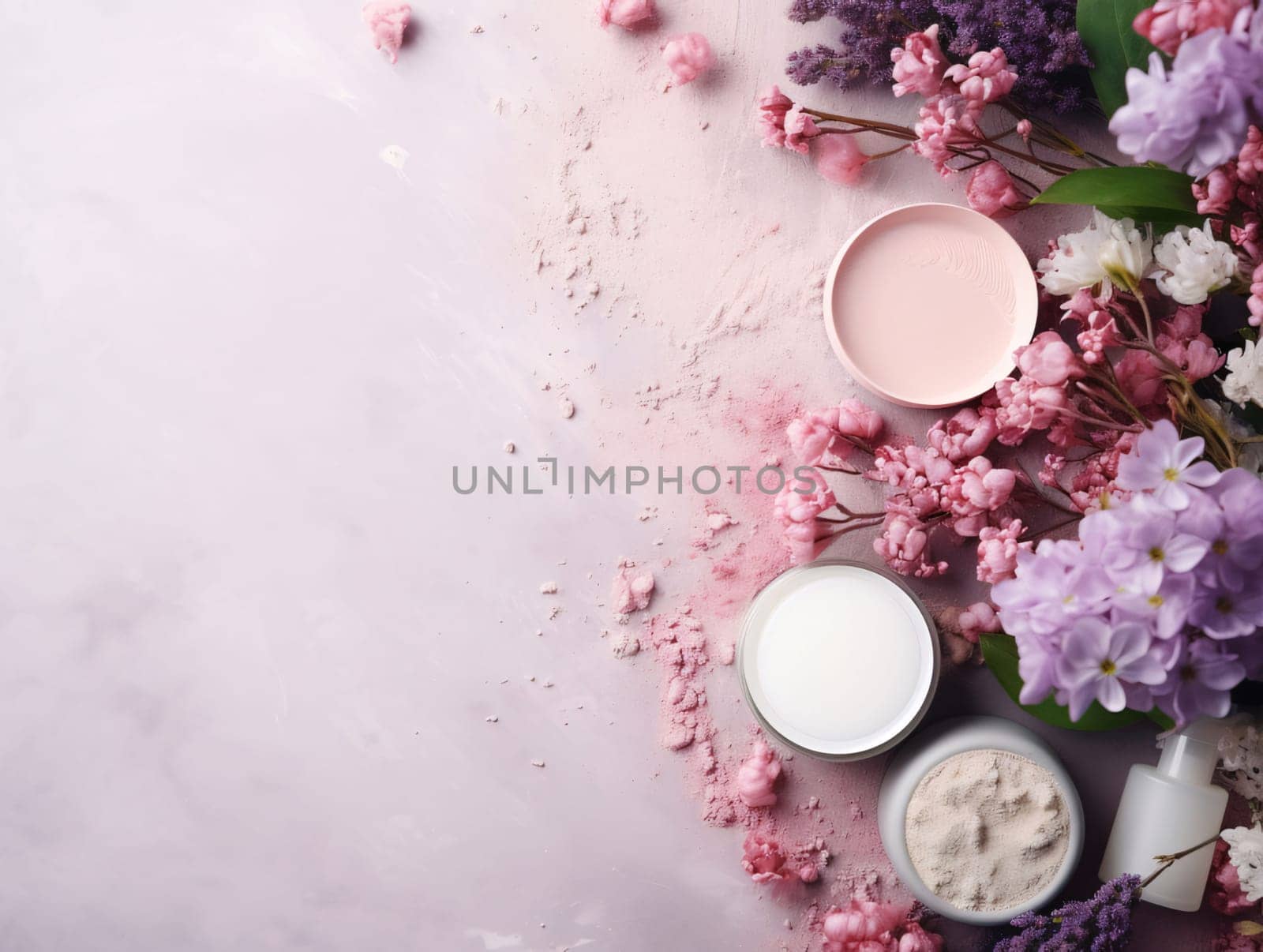 Composition with cosmetic products and lilac flowers on light background, top view by ThemesS