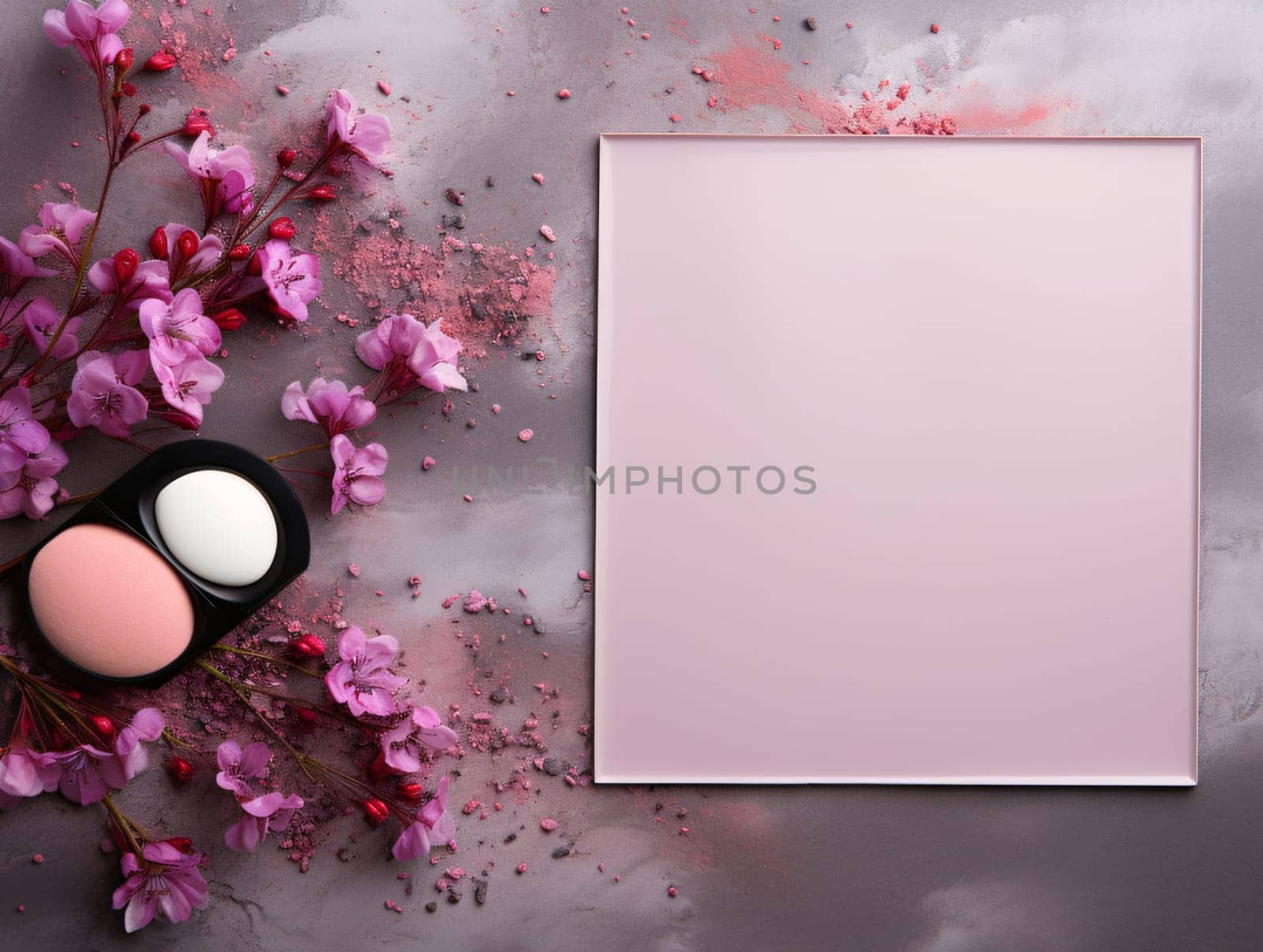 Banner: Blank card, cosmetic products and cherry blossom flowersle background