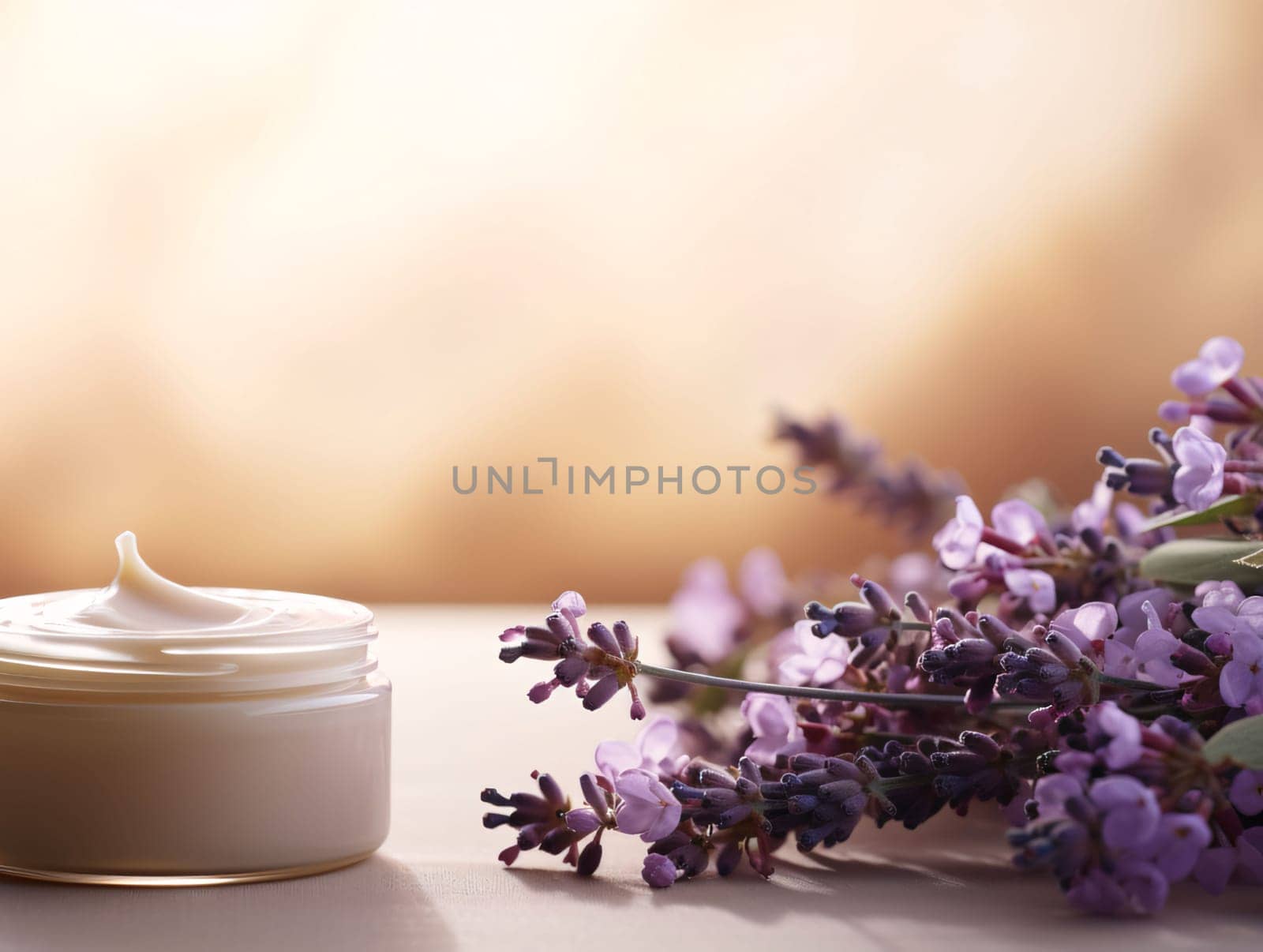 Jar of moisturizing cream with lavender flowers on wooden table. by ThemesS