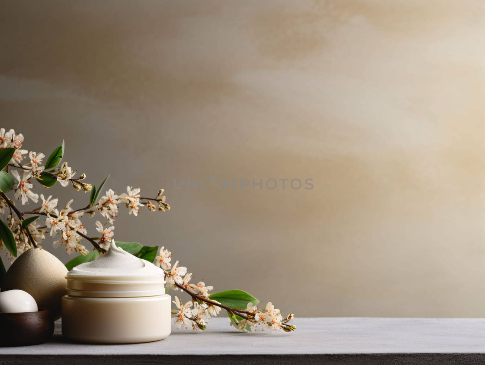 Banner: Jar of cream and spring flowers on a gray background. Spa concept