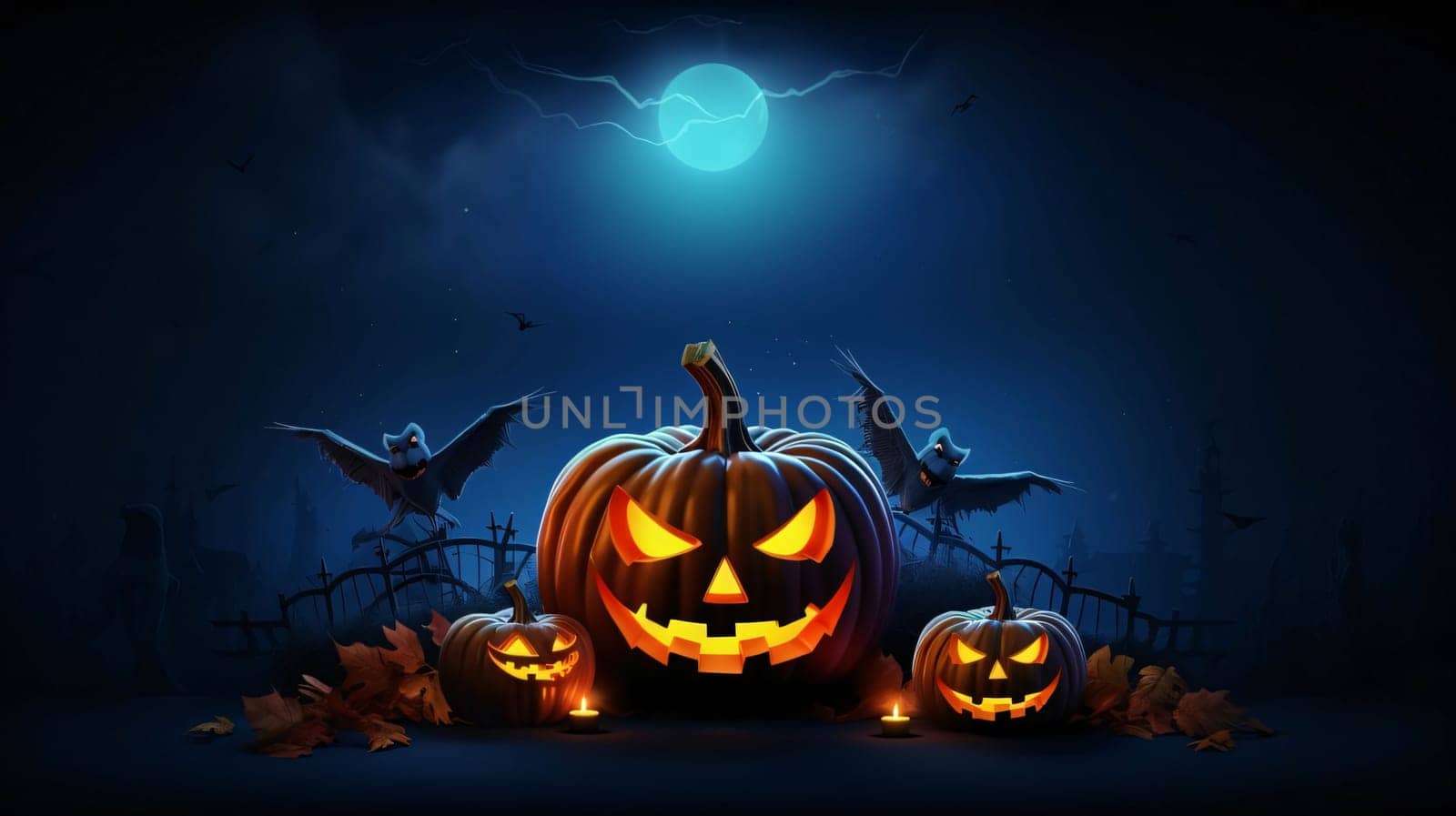 Halloween background with pumpkins and bats, 3d render illustration by ThemesS