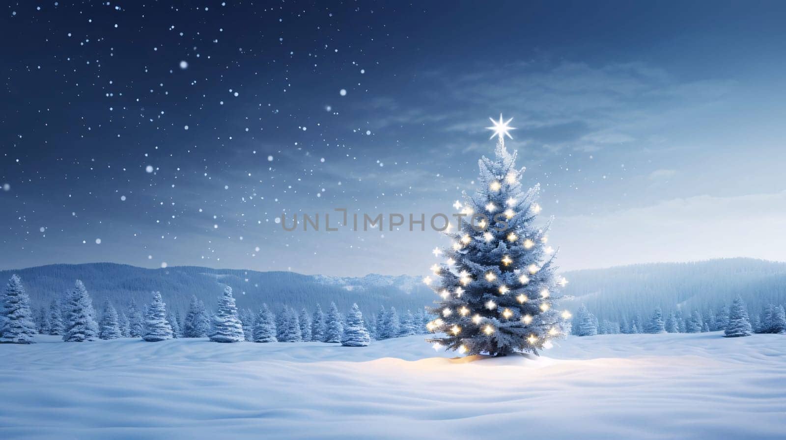 Banner: Christmas and New Year background with christmas tree and snowflakes