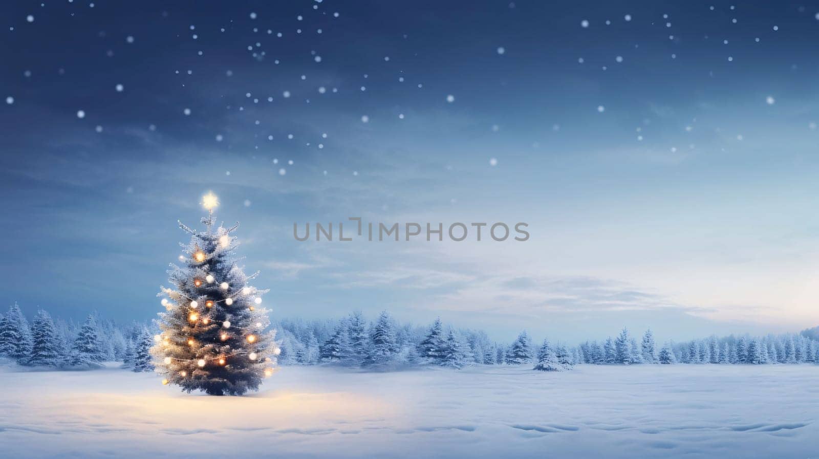 Christmas and New Year Christmas tree in the snowy forest. 3d rendering, illustration ground with Christmas tree and falling snowflakes by ThemesS