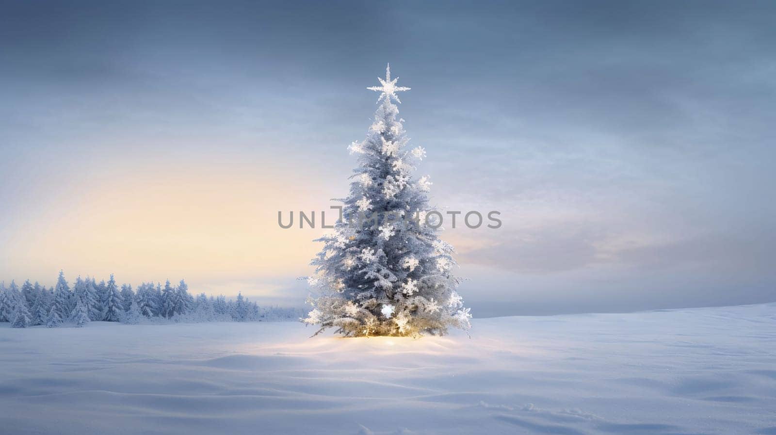 Banner: 3d render of christmas tree in snowy forest with snowflakes