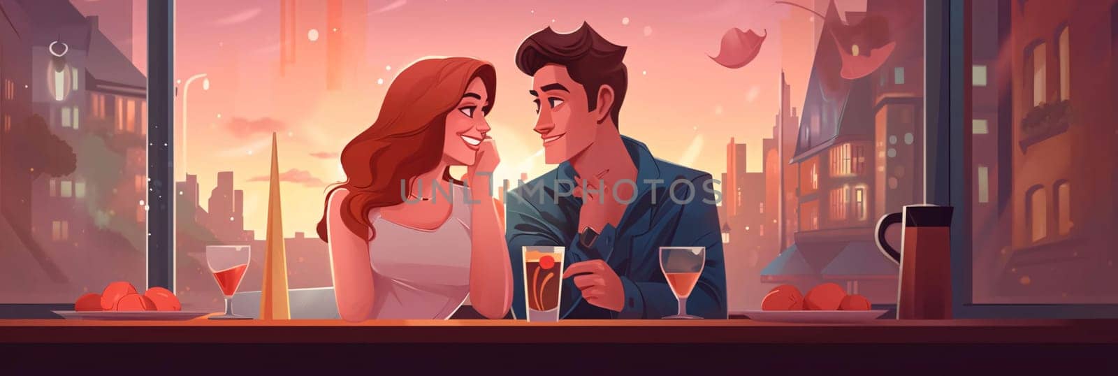 Couple in love drinking wine and having romantic date. Man and woman in cafe. Vector illustration by ThemesS