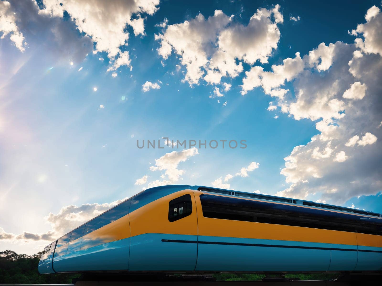 The image is of a train traveling down the tracks on a cloudy day.