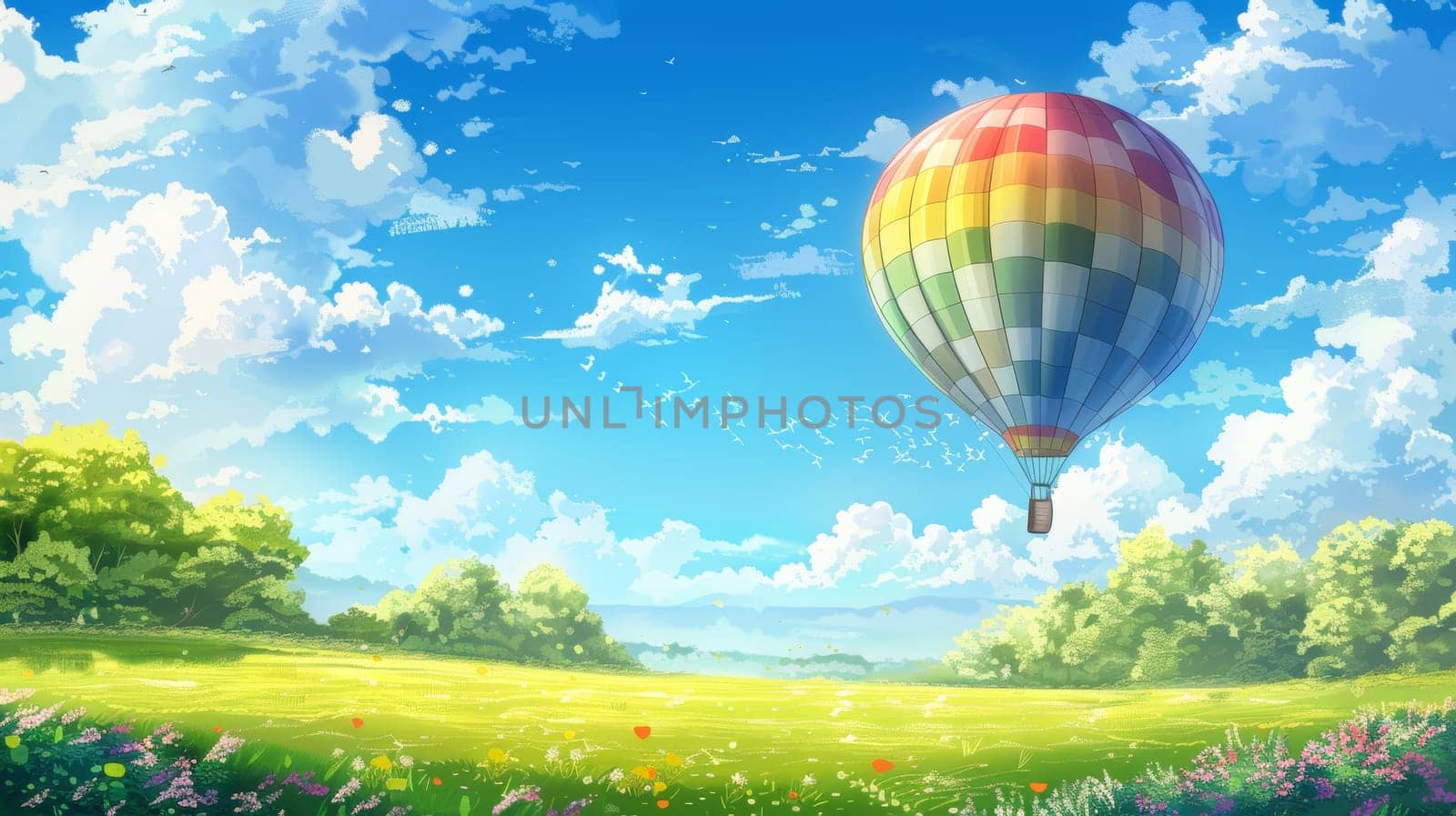 A colorful hot air balloon flying over a lush green field