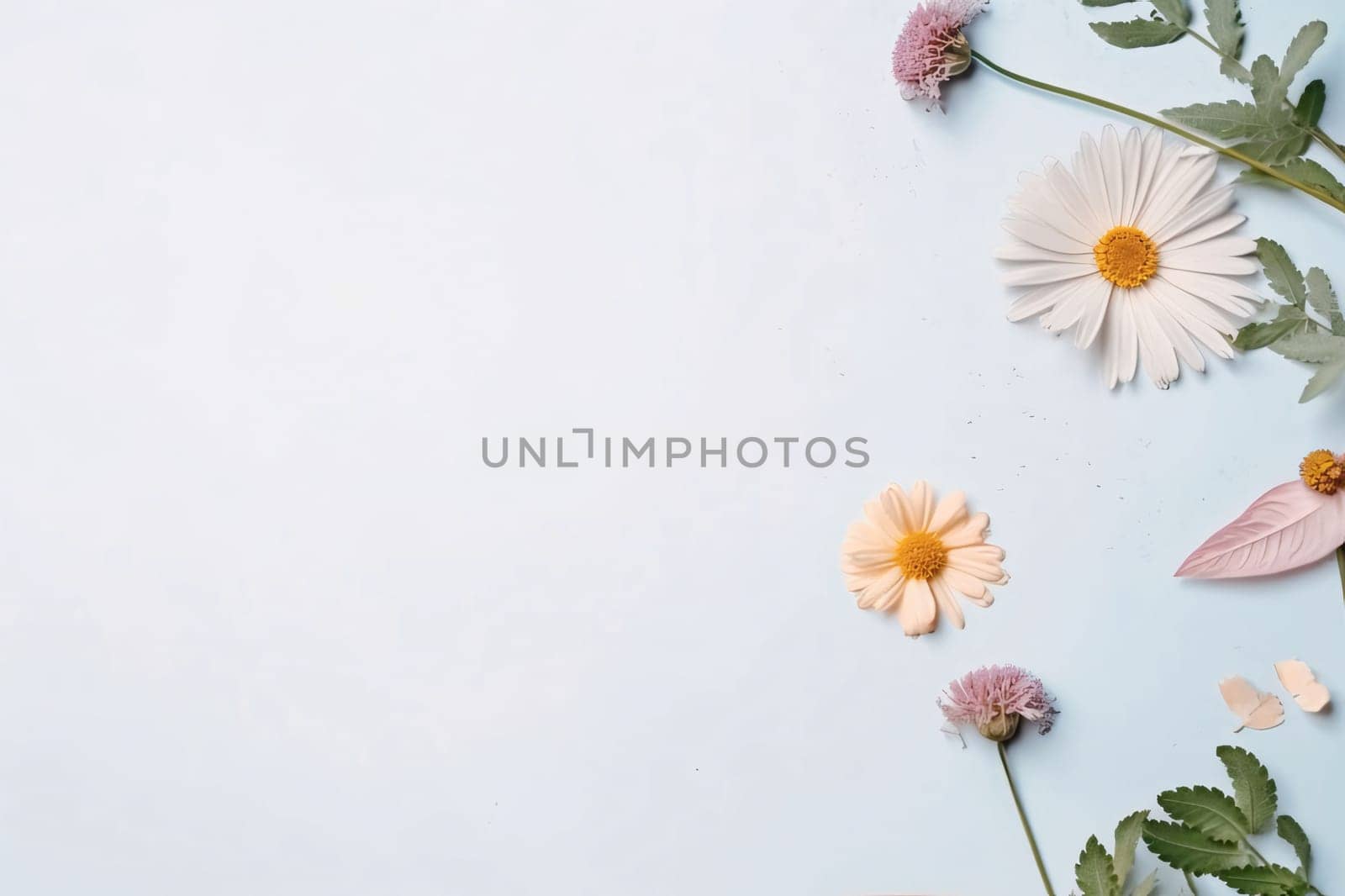 Flowers composition. Chamomile flowers on blue background. Flat lay, top view, copy space by ThemesS