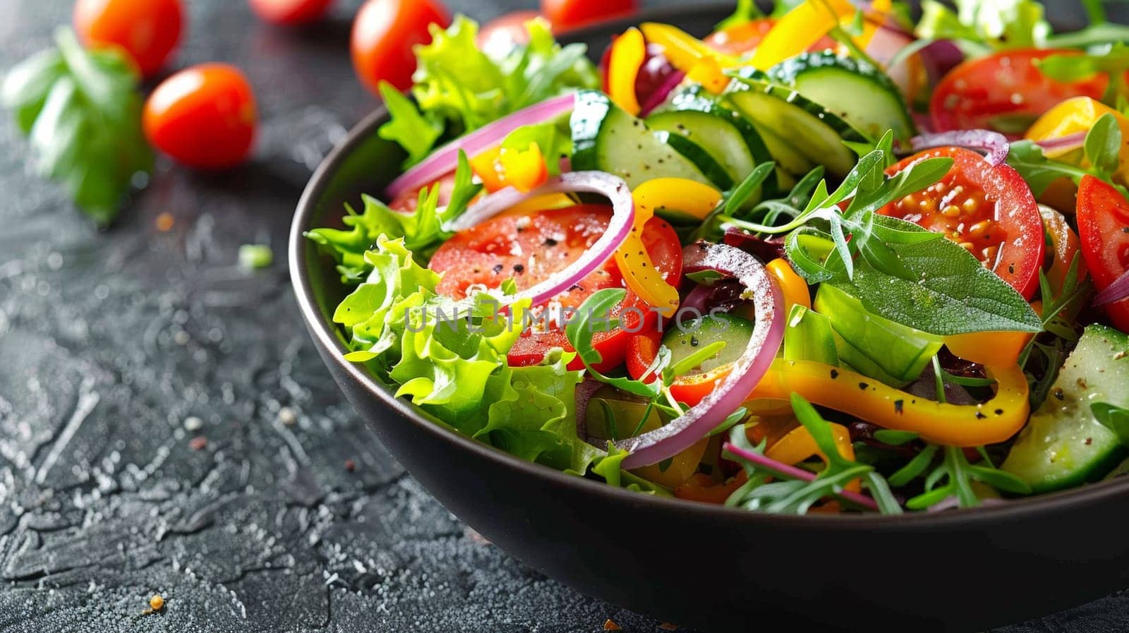 A bowl of a salad with vegetables and tomatoes in it