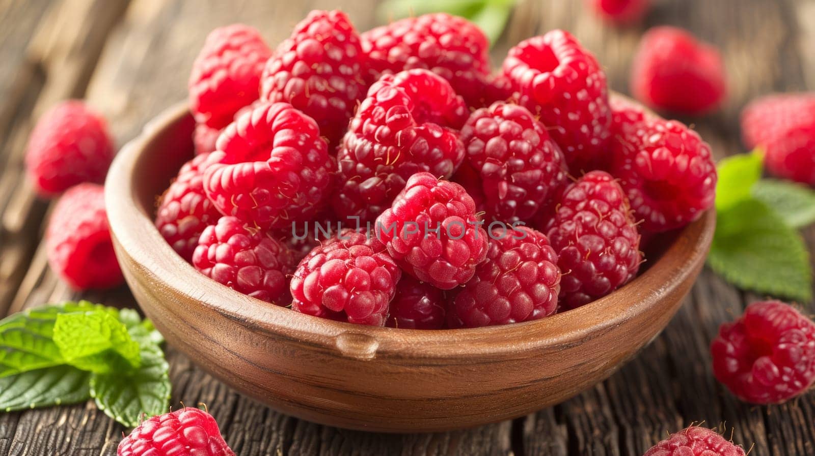 A bowl of raspberries on a wooden table with leaves