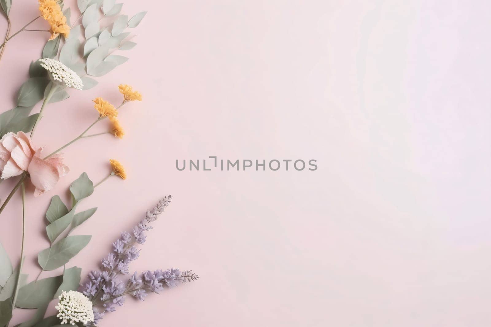 Banner: Flowers composition on pastel pink background. Flat lay, top view, copy space