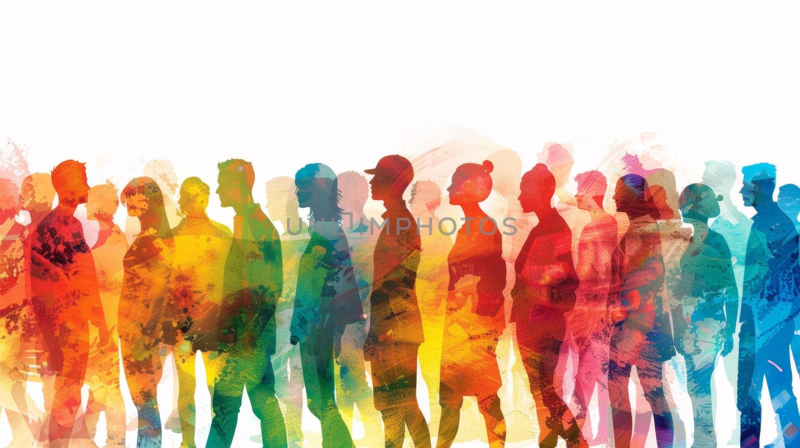 A group of people are standing in a line with colorful backgrounds